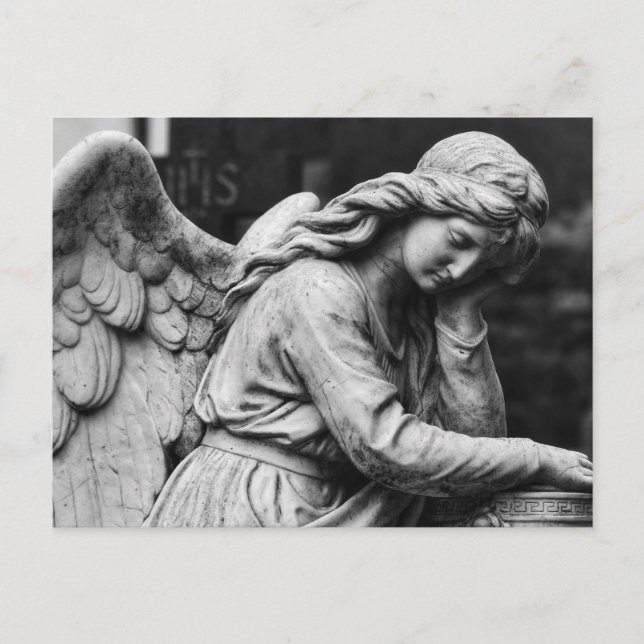 Black and white angel statue in a cemetery postcard (Front)
