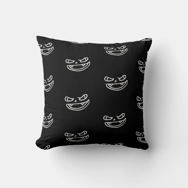Black and White Angry Jack O Lantern Halloween Cushion (Front)