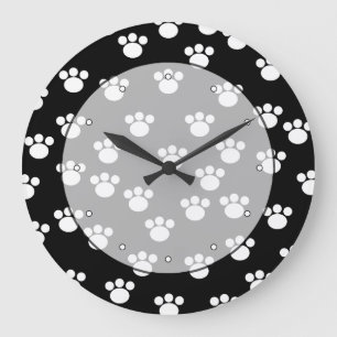 Black and White Animal Paw Print Pattern. Large Clock