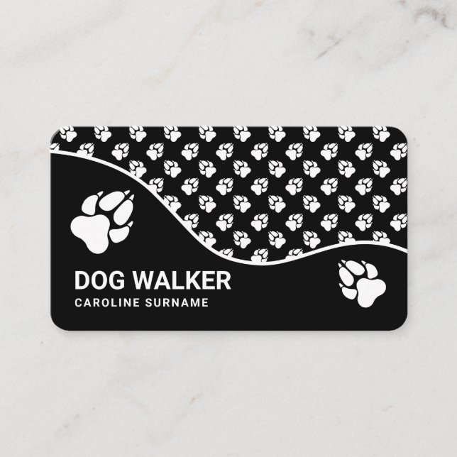 Black And White Animal Paws Dog Walker Pet Sitting Business Card (Front)