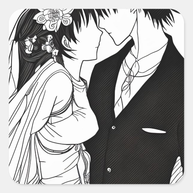 Black and White Anime Bride and Groom Square Sticker (Front)