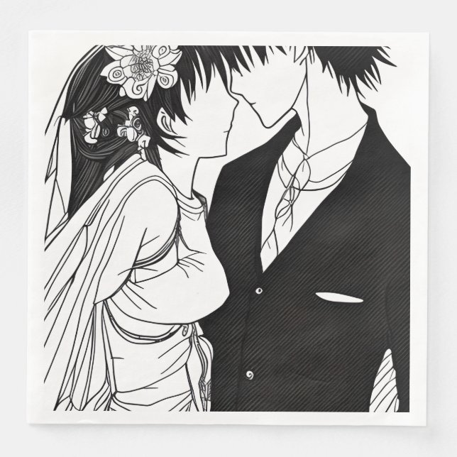 Black and White Anime Bride and Groom Wedding Napkin (Front)