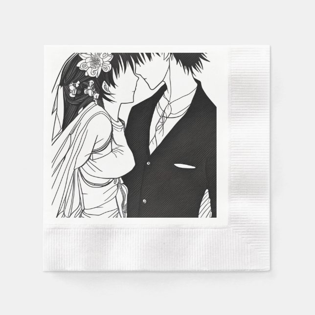 Black and White Anime Bride and Groom Wedding Napkin (Front)
