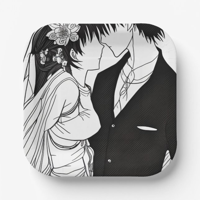 Black and White Anime Bride and Groom Wedding Paper Plate (Front)