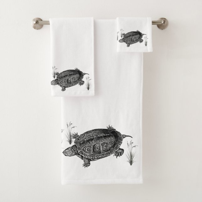 Black and White Aquatic Turtle Bath Towel Set (Insitu)