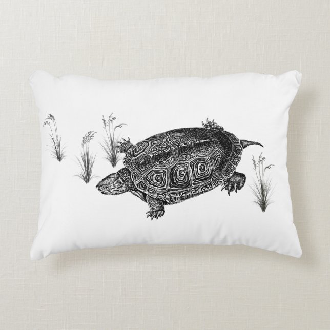 Black and White Aquatic Turtle Decorative Cushion (Front)