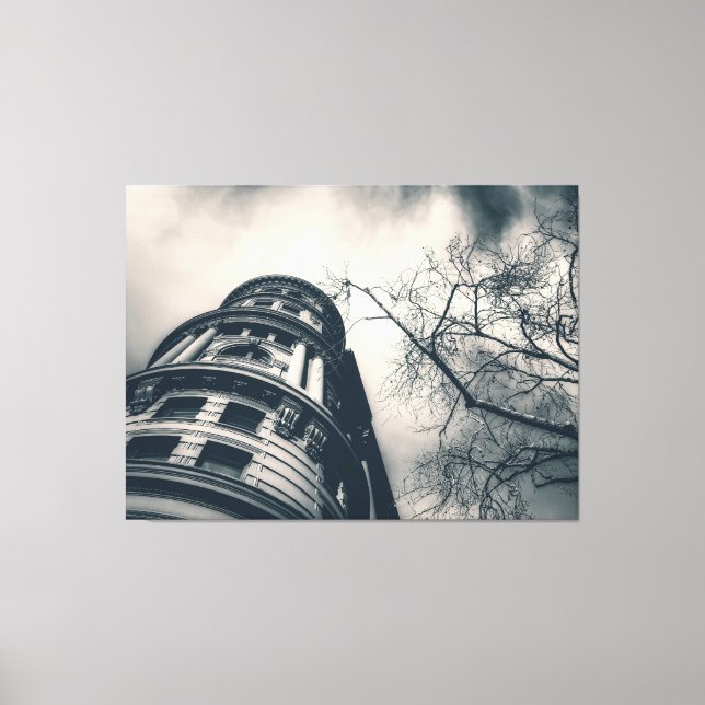 Black and White Architectural Building and Tree Canvas Print (Front)