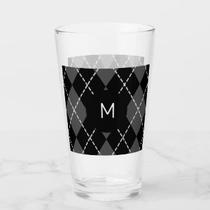 Black and White Argyle Monogram Tumbler Glass