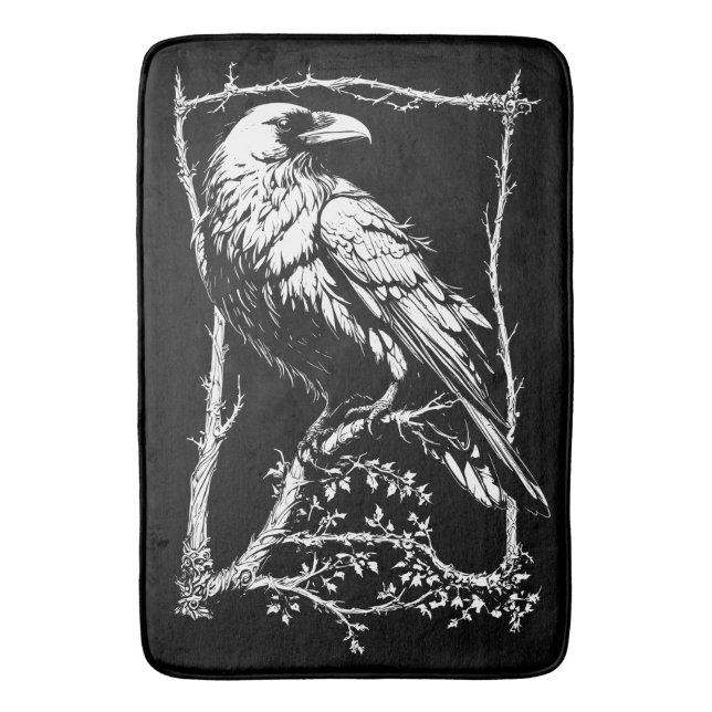Black and White Art Crows, Ravens Bath Mat (Front Vertical)