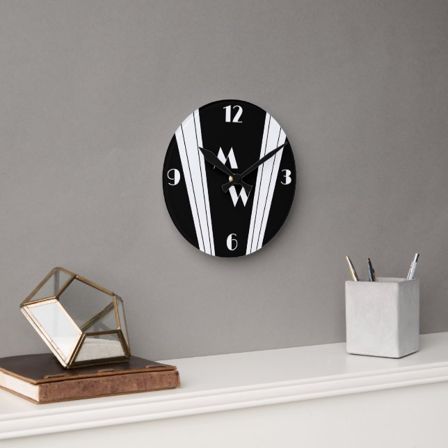 Black And White Art Deco Design Monogrammed Round Clock (Office)
