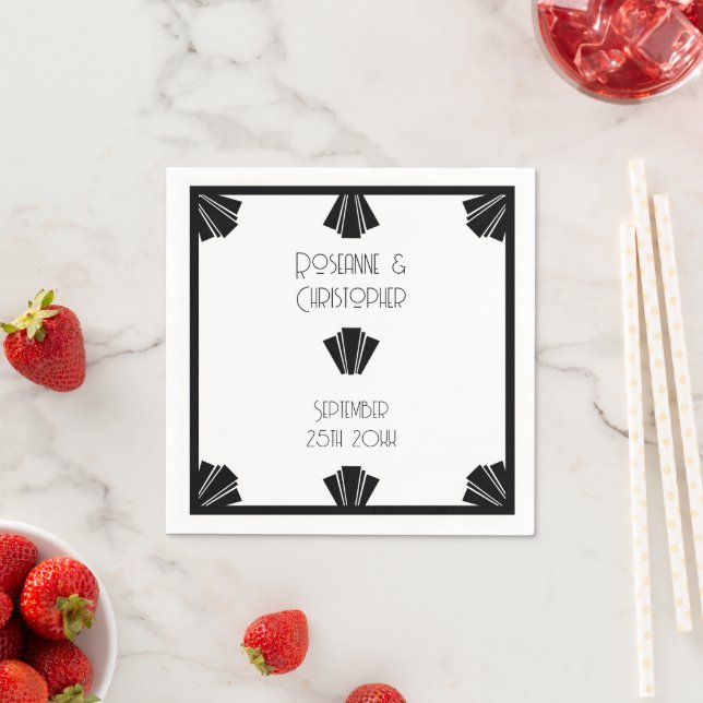 Black And White Art Deco Design Wedding Napkin (Insitu)