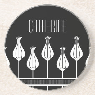 Black and White Art Deco Floral Coaster