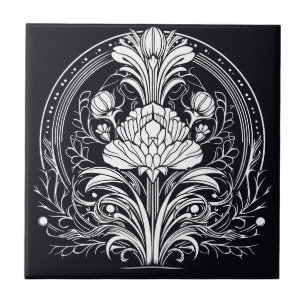  Black and White Art Deco Floral Decorative Tile