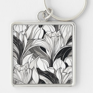 Black and White Art Deco Floral Keychain
