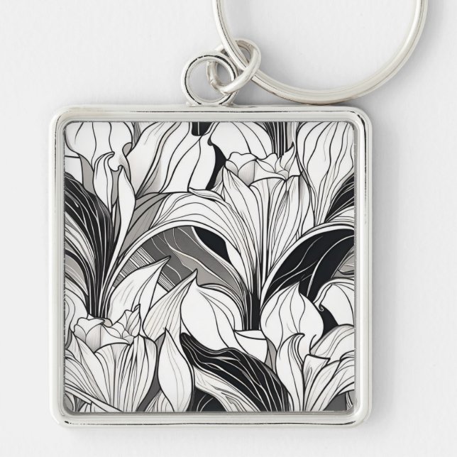 Black and White Art Deco Floral Keychain (Front)