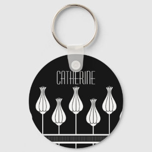 Black and White Art Deco Floral Keychain