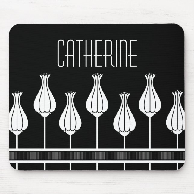 Black and White Art Deco Floral Mousepad (Front)