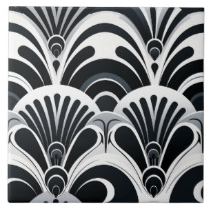Black and White Art Deco Scalloped Fans Tile