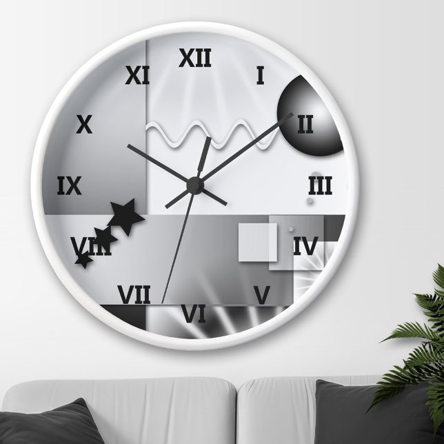 Black and White Art Deco Style Wall Clock (Wall clock with a playful geometric art deco design in black and white.)