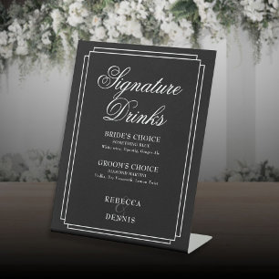 Black And White Art Deco Wedding Signature Drinks Pedestal Sign