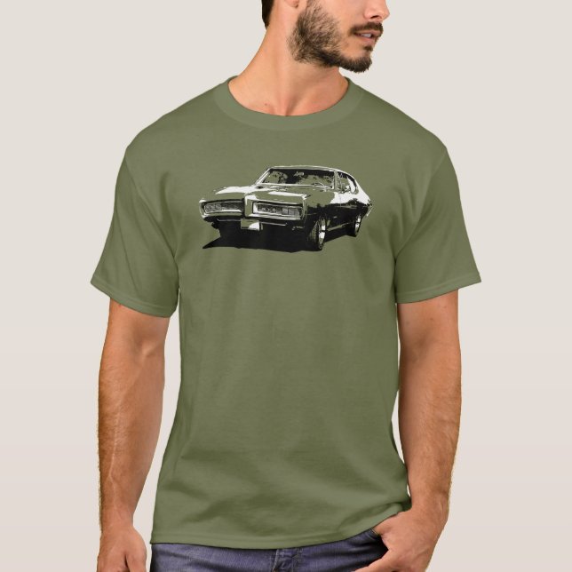 Black and white art of 1968 GTO on coloured T-Shirt (Front)