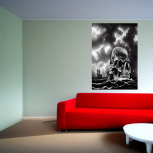 Black and white art skull island AI Art Poster