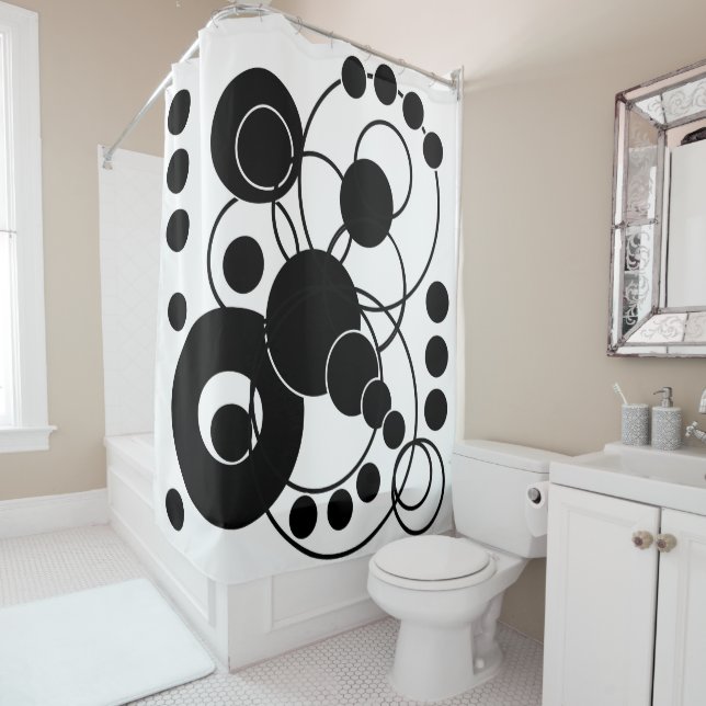 Black and White Artsy Abstract Shower Curtain (In Situ)