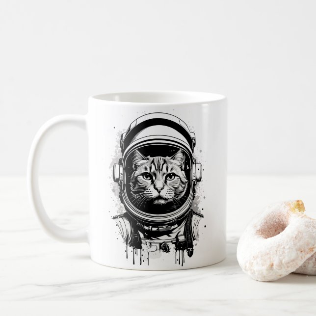 Black and White Astronaut Cat Coffee Mug (With Donut)