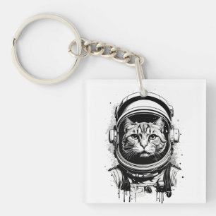 Black and White Astronaut Cat Key Ring