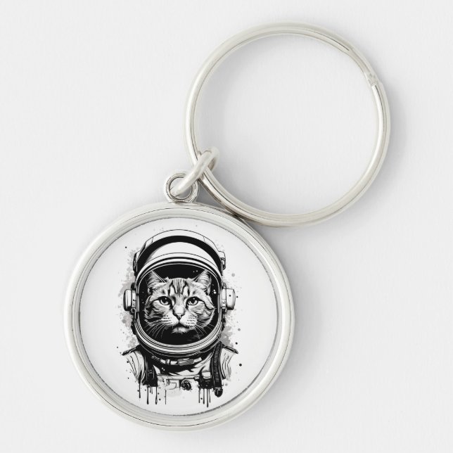 Black and White Astronaut Cat Key Ring (Front)