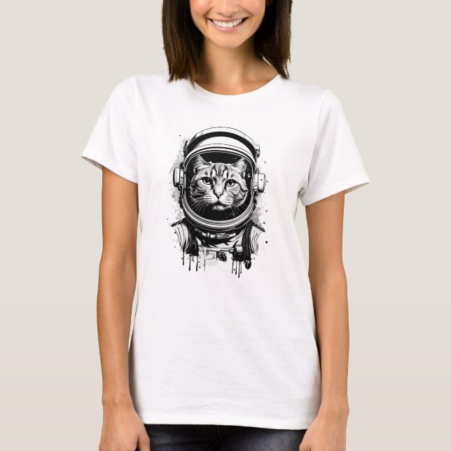 Black and White Astronaut Cat T-Shirt (Front)