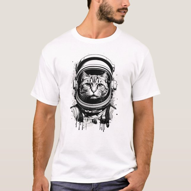 Black and White Astronaut Cat T-Shirt (Front)