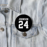 Black and White Athlete Name Jersey Number 7.5 Cm Round Badge<br><div class="desc">Cheer on your favourite sports team, football player or just show off your school pride with a custom personalised spirit button! Add your school name or personalise with a player's name and jersey number. Perfect for football, basketball, baseball and soccer games! Create custom pins for the whole team, cheerleaders, parents...</div>