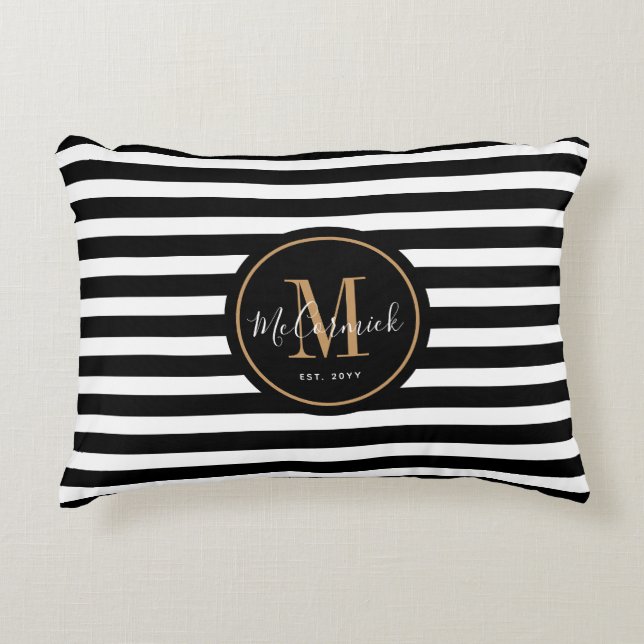 Black and White Awning Stripes Family Monogram Decorative Cushion (Front)