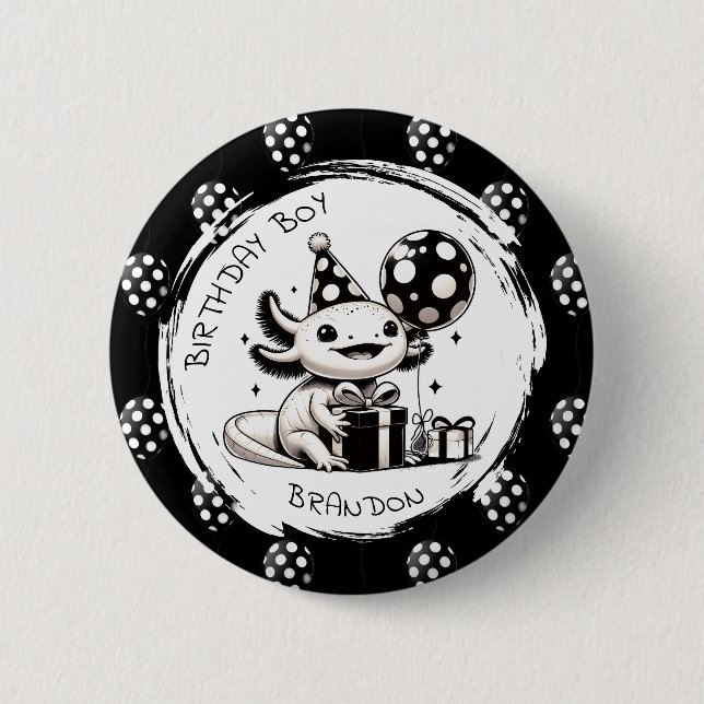 Black and White Axolotl & Balloons Birthday 6 Cm Round Badge (Front)