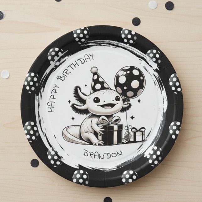 Black and White Axolotl & Balloons Birthday Paper Plate (Creator Uploaded)