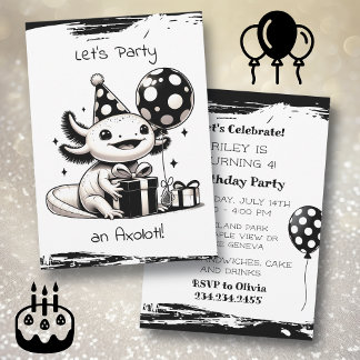 Black and White Axolotl Birthday Party Invitation
