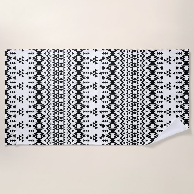 Black and White Aztec geometric vector pattern Beach Towel (Front)