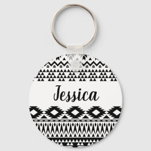 Black and White Aztec geometric vector pattern Key Ring