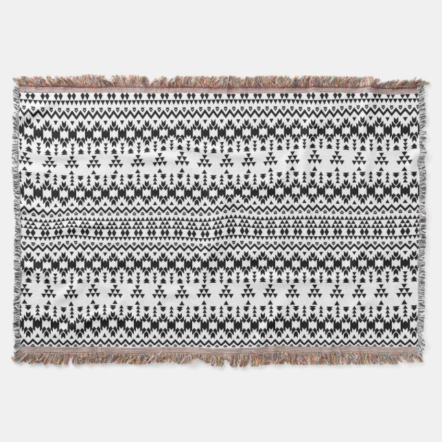 Black and White Aztec geometric vector pattern Throw Blanket (Front)