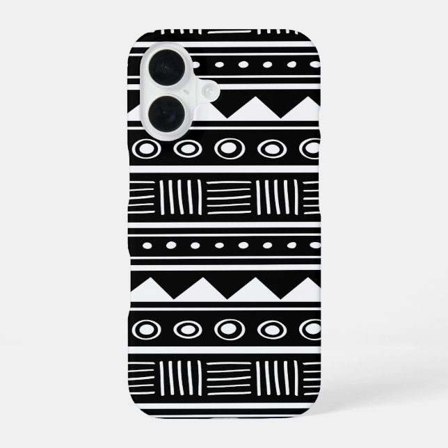 Black and White Aztec Tribal Pattern iPhone 16 Case (Back)