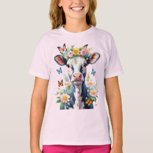 Black And White Baby Cow With Flower Crown T-Shirt
