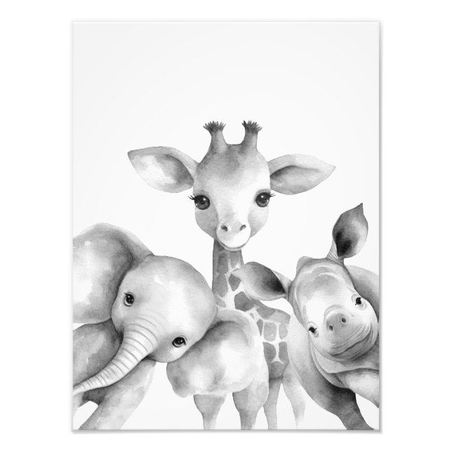 Black and White Baby Safari Animals Print (Front)