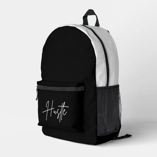 Black and White Backpack - Hustle Quote Bag (Back Corner Right)