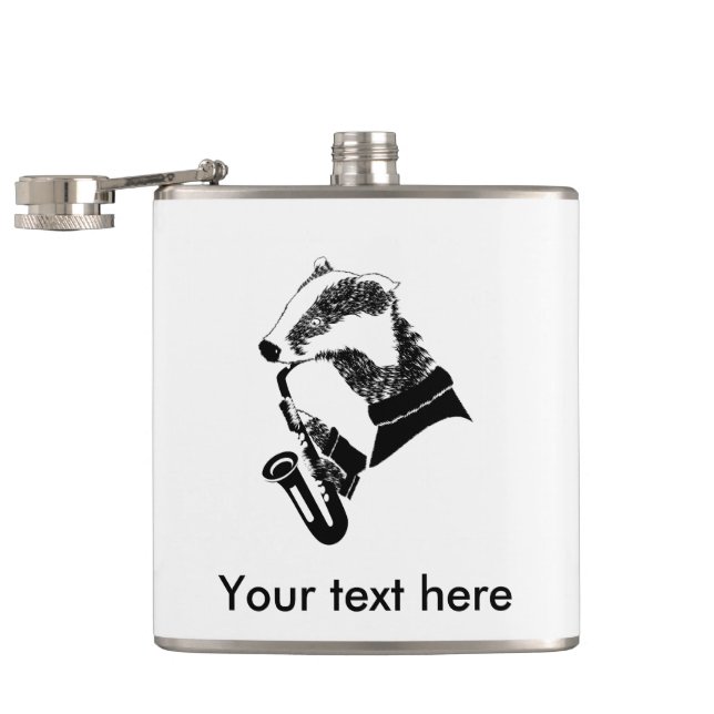 Black and White Badger Playing A Saxophone Hip Flask (Opened)