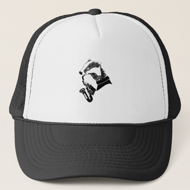 Black and White Badger Saxophone Customisable Trucker Hat (Front)