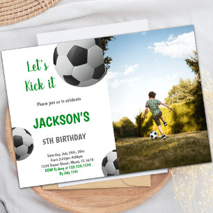 Black and White Ball Green Text Soccer photo Invitation