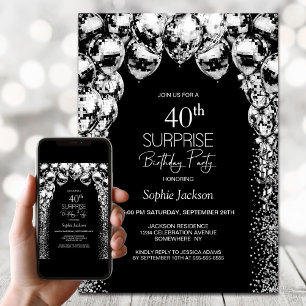 Black and White Balloons Surprise 40th Birthday Invitation