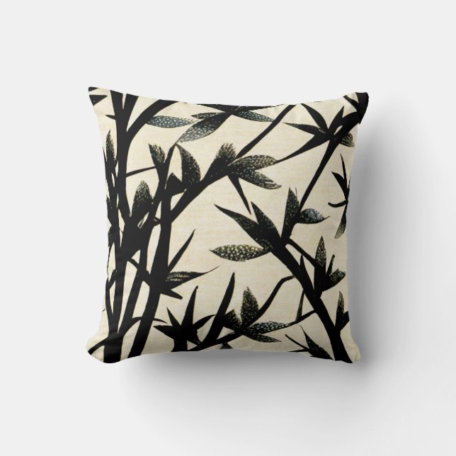 Black and White Bamboo Leaf Pattern Throw Pillow (Front)