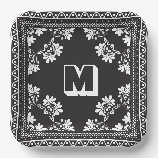 Black and White Bandanna Design With Monogram Paper Plate (Front)